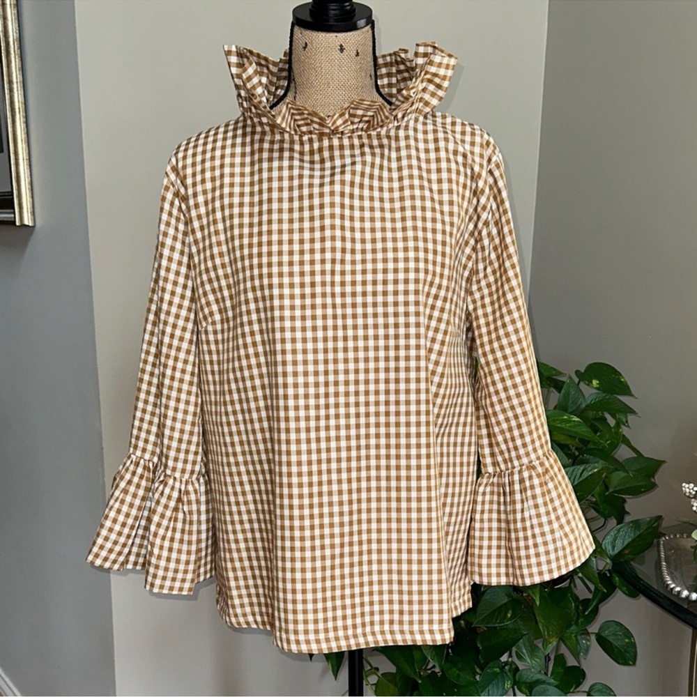 Elizabeth Wilson NWOT Gingham Ruffle Sleeve Blouse - Brown and White 🤎